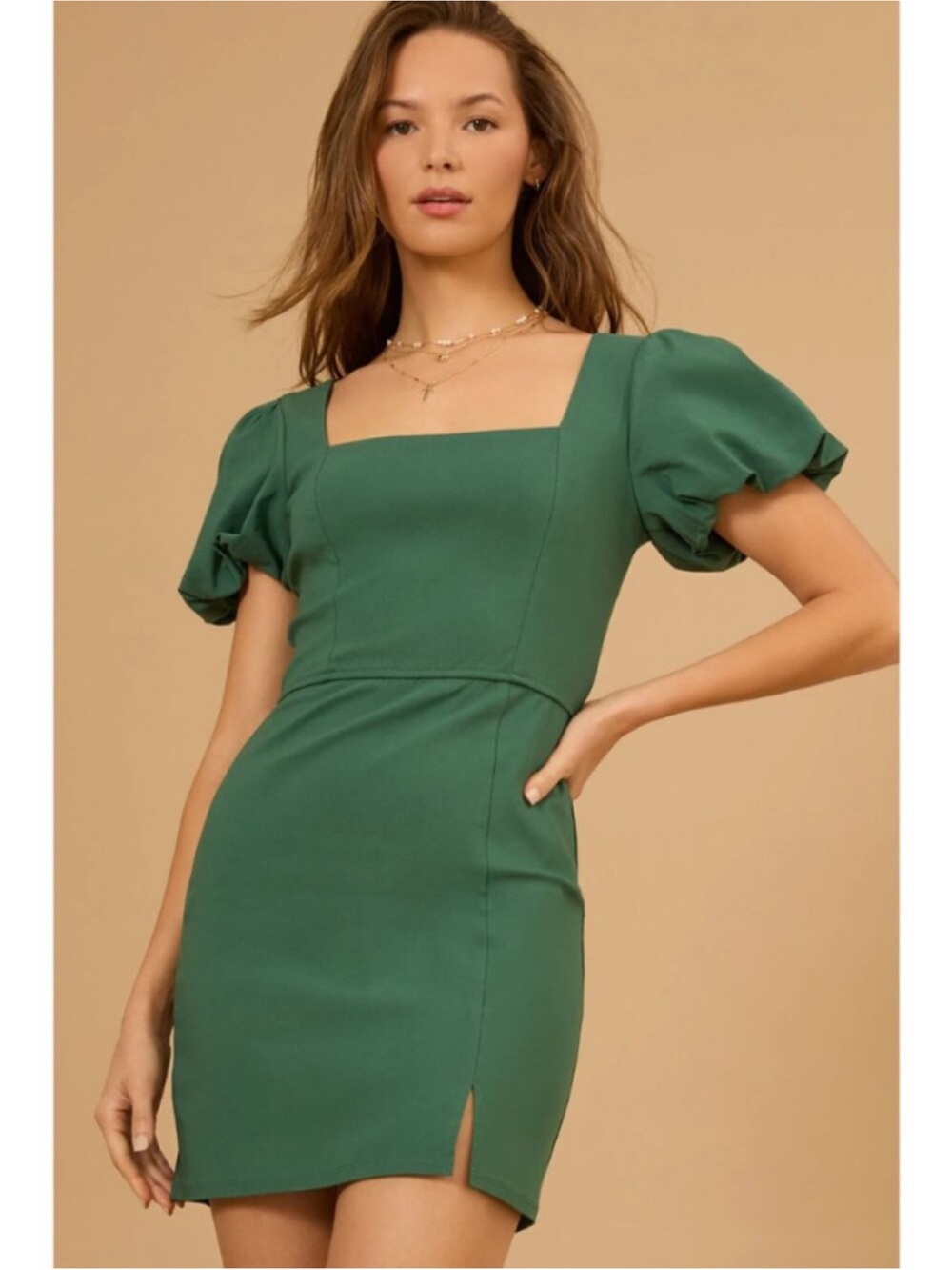 Altar’d State Valerie Square Neck Puff Sleeve Mini Dress in Emerald Green